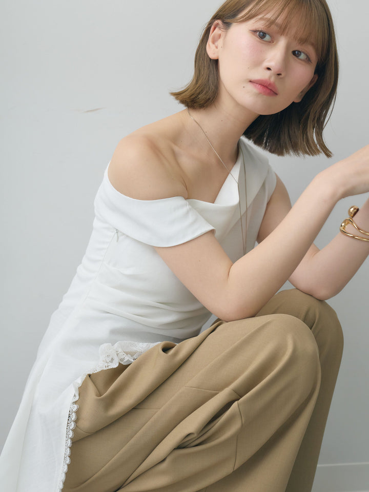 [SET]アシンメトリーラッフルレースヘムトップス+クレープデシンタックワイドパンツ(2set)
