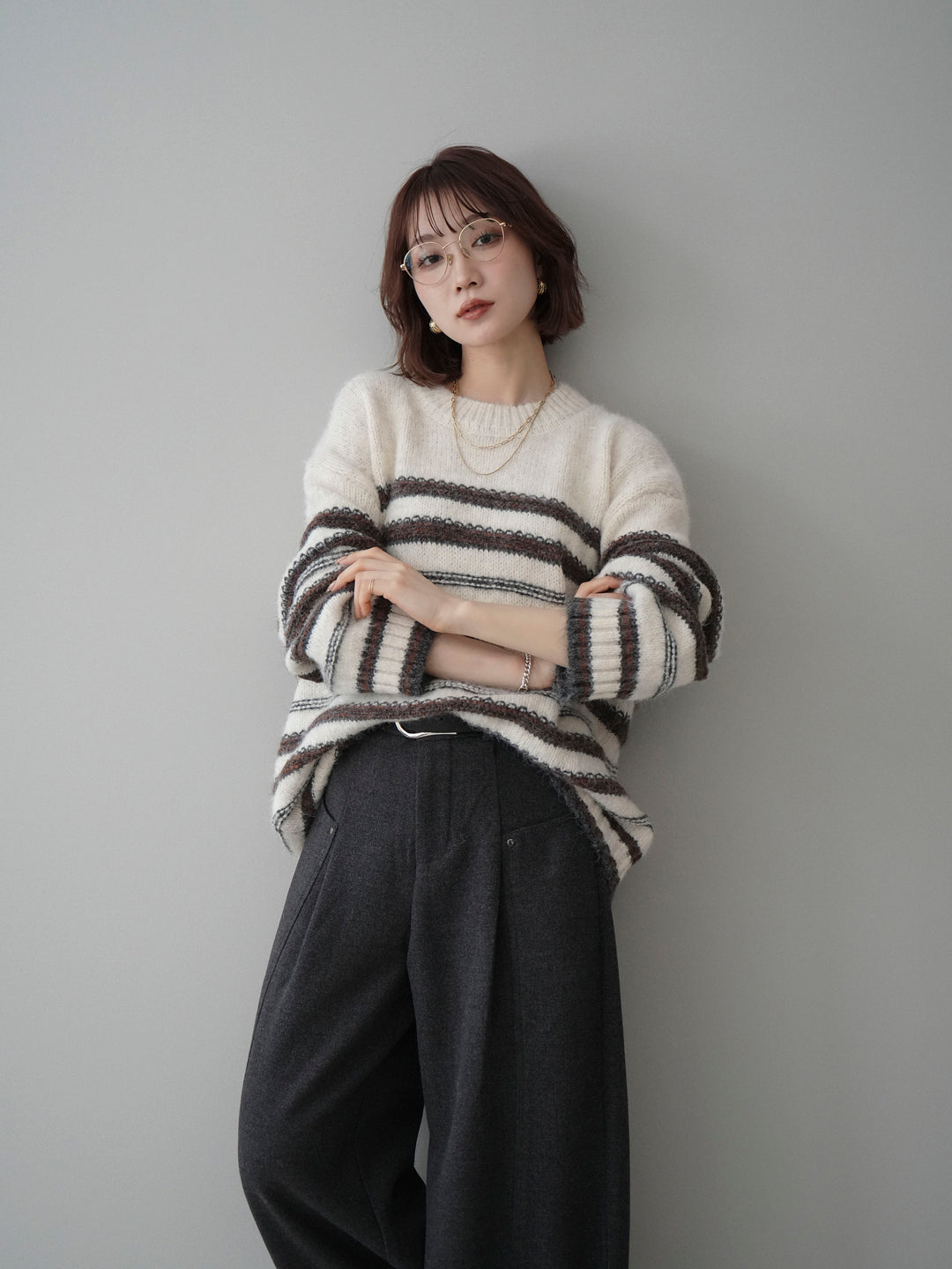 [SET]ステッチボーダーニットプルオーバー+ベルト付起毛コクーンパンツ(2set)