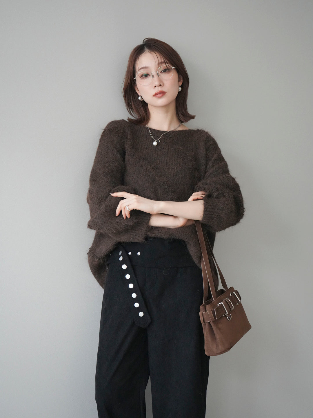 [予約]ブークレラインデザインニットプルオーバー/brown