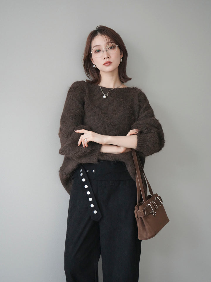 [予約]ブークレラインデザインニットプルオーバー/brown