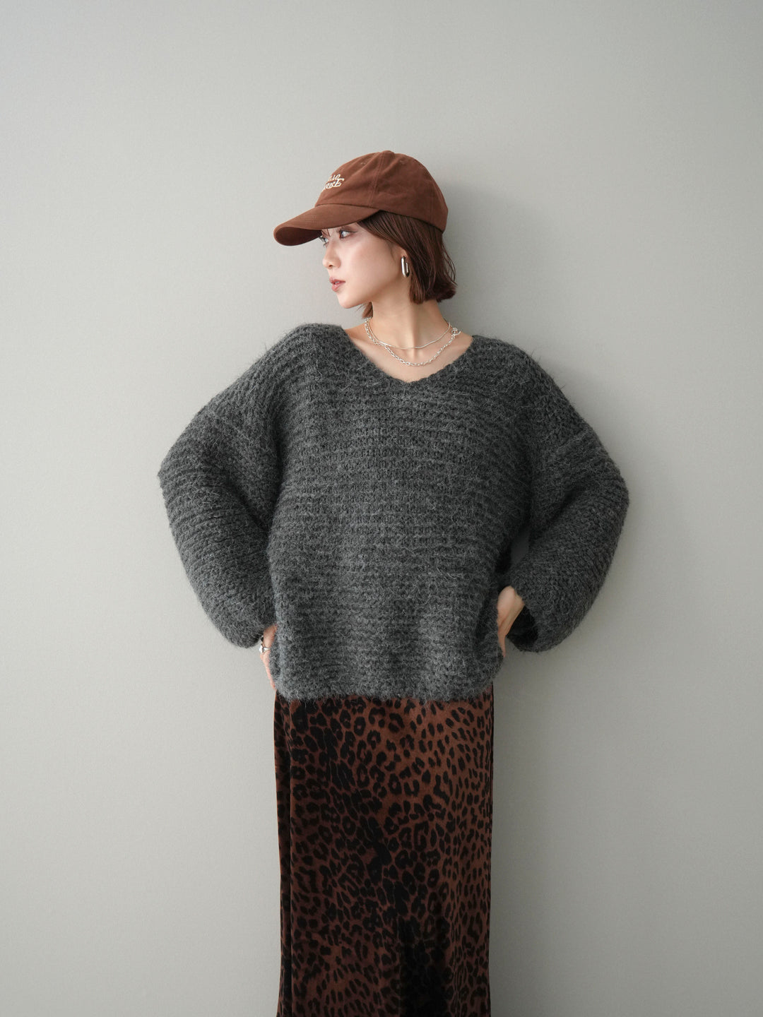 [予約]ワッフル編みシャギーニットプルオーバー/gray