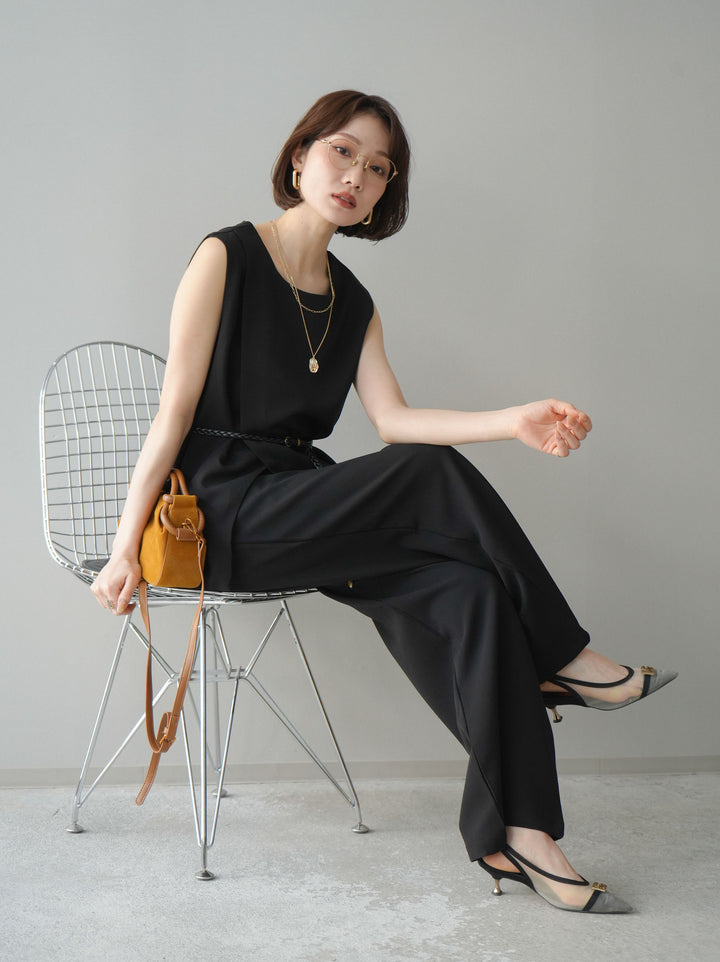 [SET]ベルト付ノースリーブトップス＆ワイドパンツSETUP