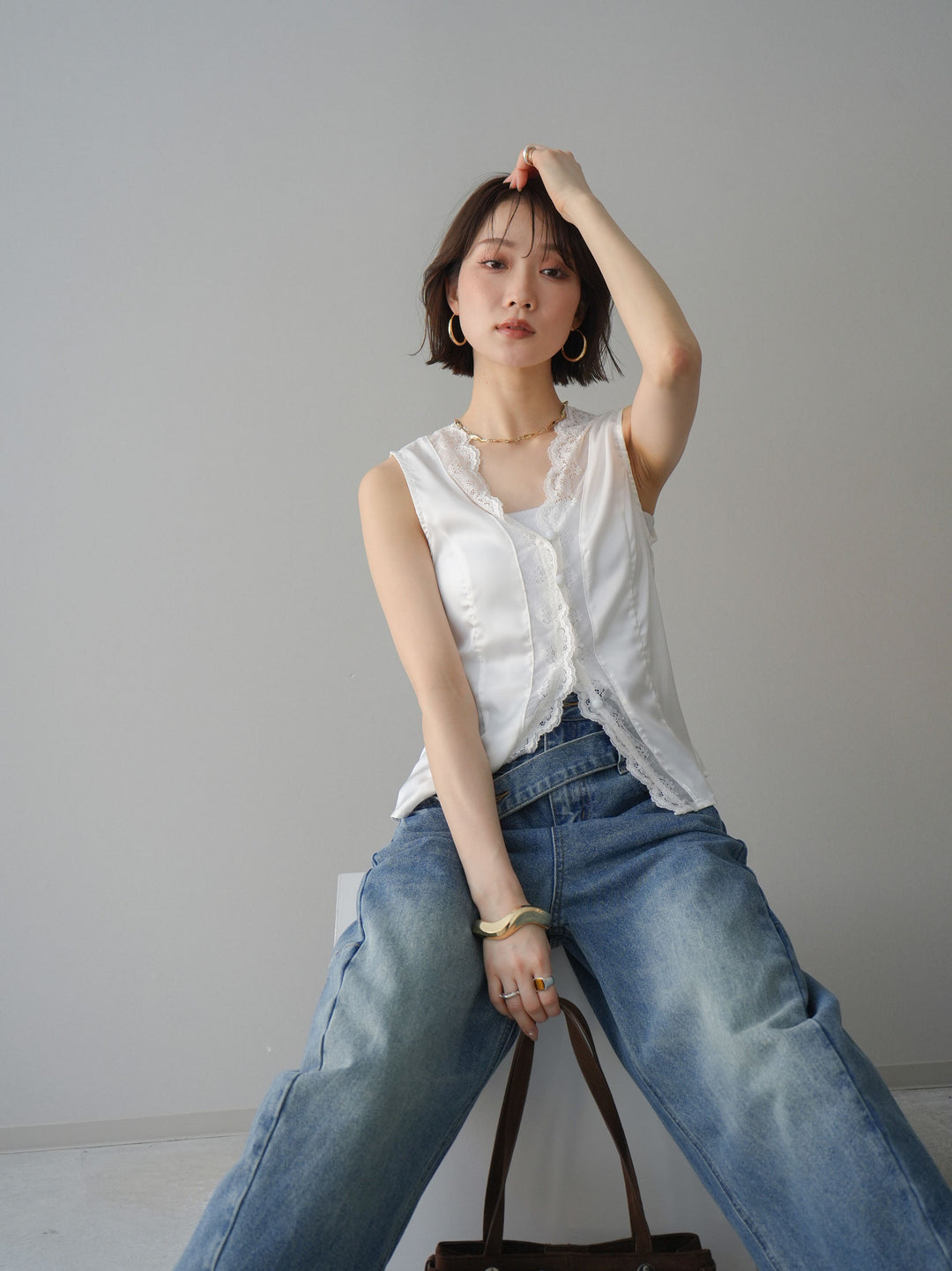 [予約]ノースリサテンレースキャミソール/white