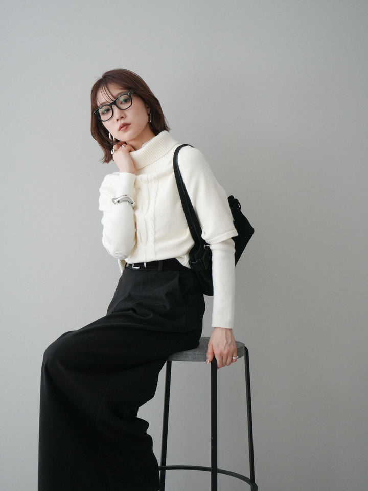 [予約]ケーブル編みタートルハーフスリーブニットアンサンブル/ivory