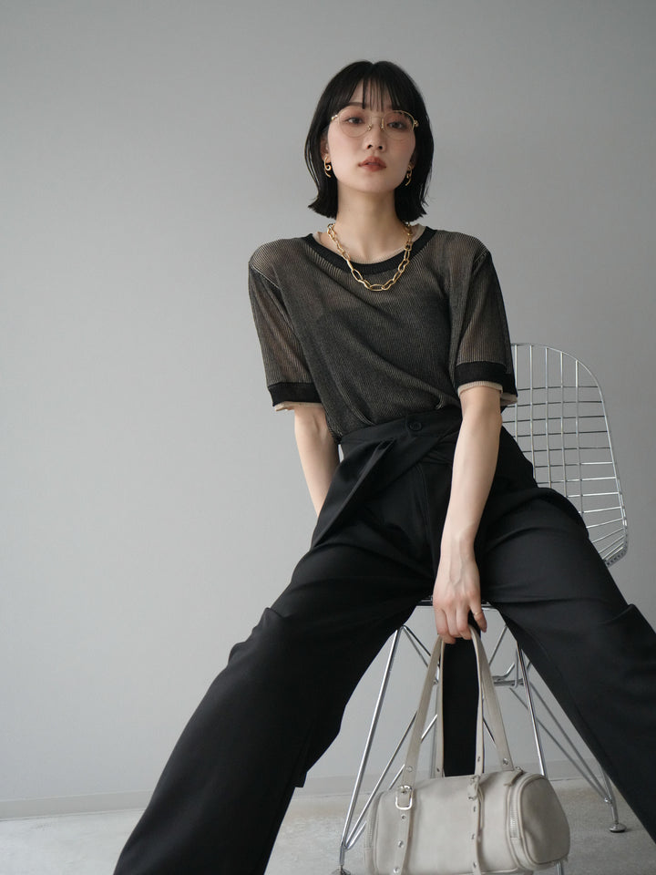 [SET]リネンタッチ配色二重臼ハーフニットトップス+ウエスト巻きデザインワイドパンツ(2set)