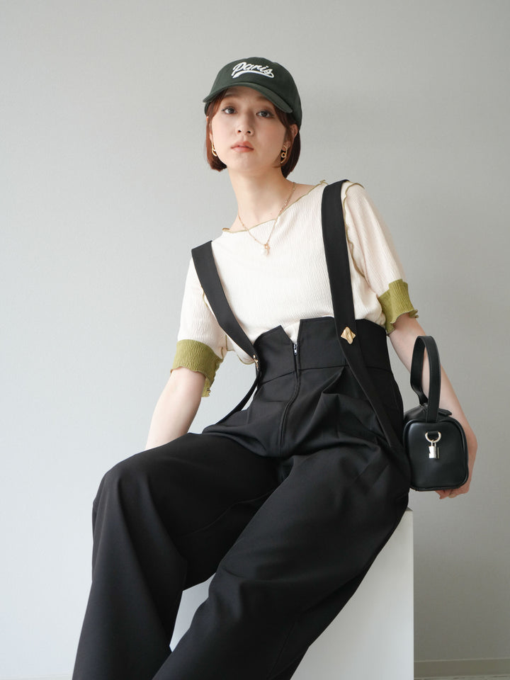 [SET]プリーツ配色ボートネックプルオーバー+ゴールドボタンサスペンダーワイドパンツ(2set)