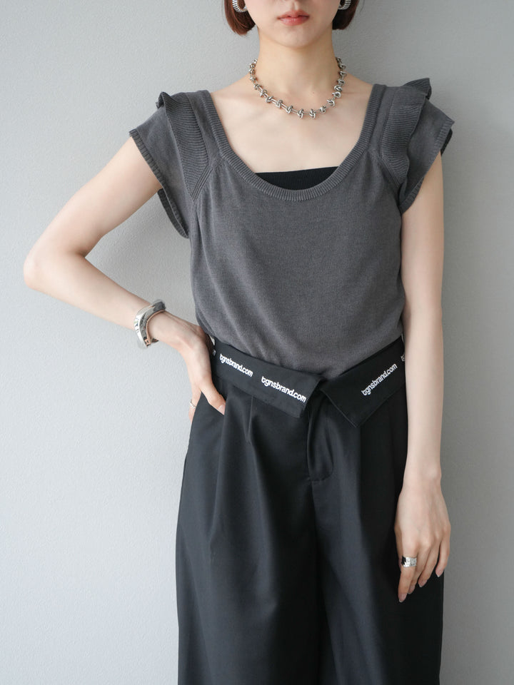 [予約]リネンタッチフリルニットタンクトップ/チャコール