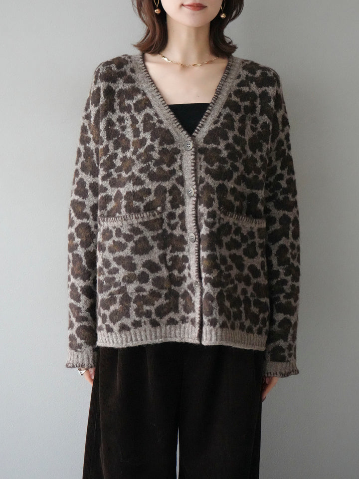 [予約]アニマル柄ステッチニットカーディガン/khaki