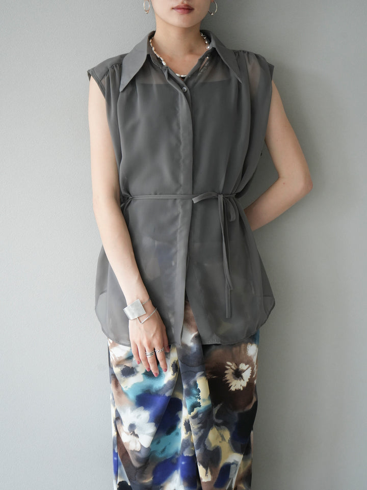 [Pre-order] Sheer No-Sleeve Flare Shirt/Gray