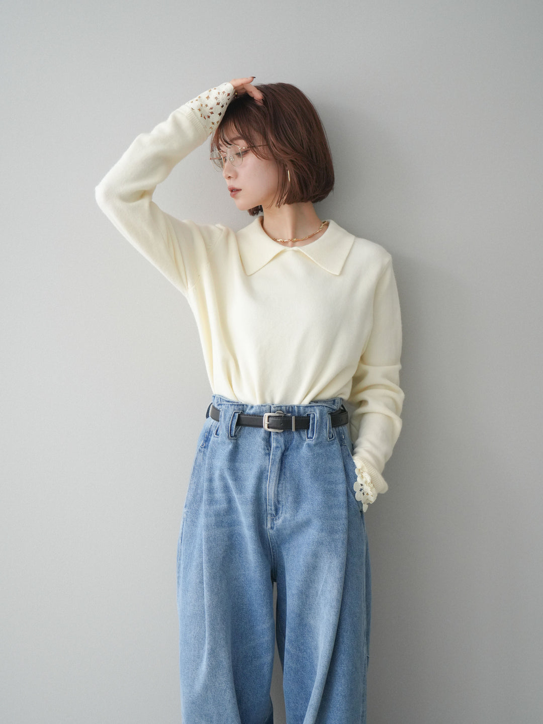 [SET]スカラップレース袖襟付きニットトップス+選べるアクセセット(2set)