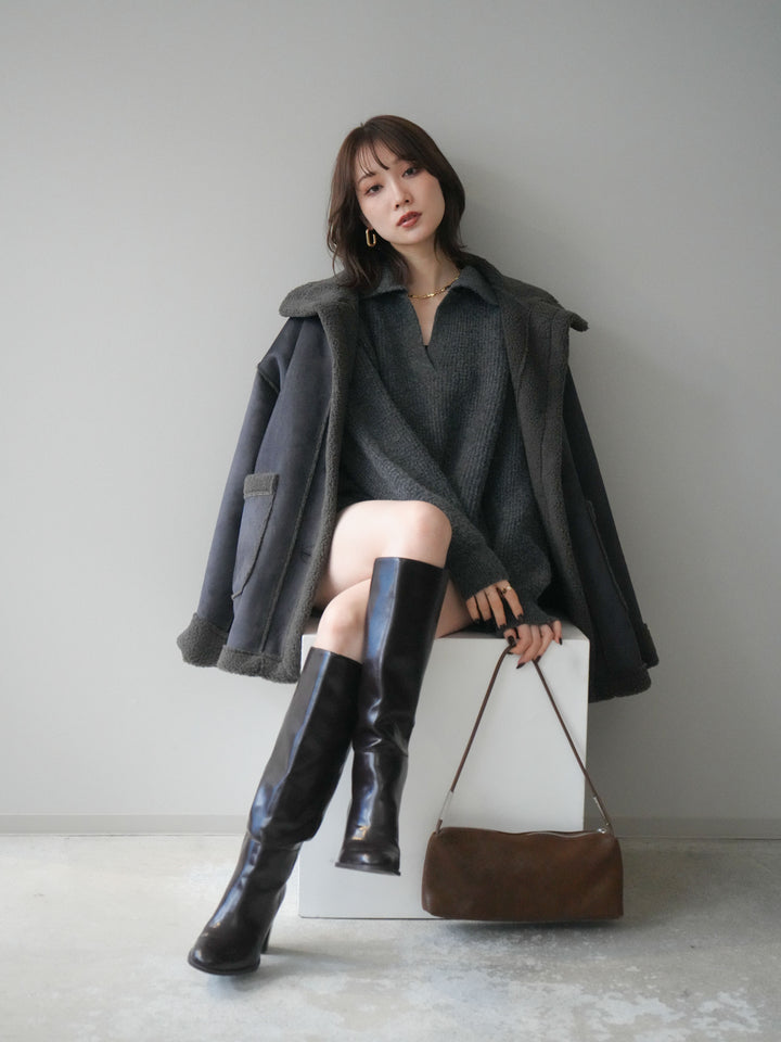 [SET]ポロニットプルオーバー＆ショートパンツSET UP+スタンドネックフェイクムートンミディアムコート(2set)