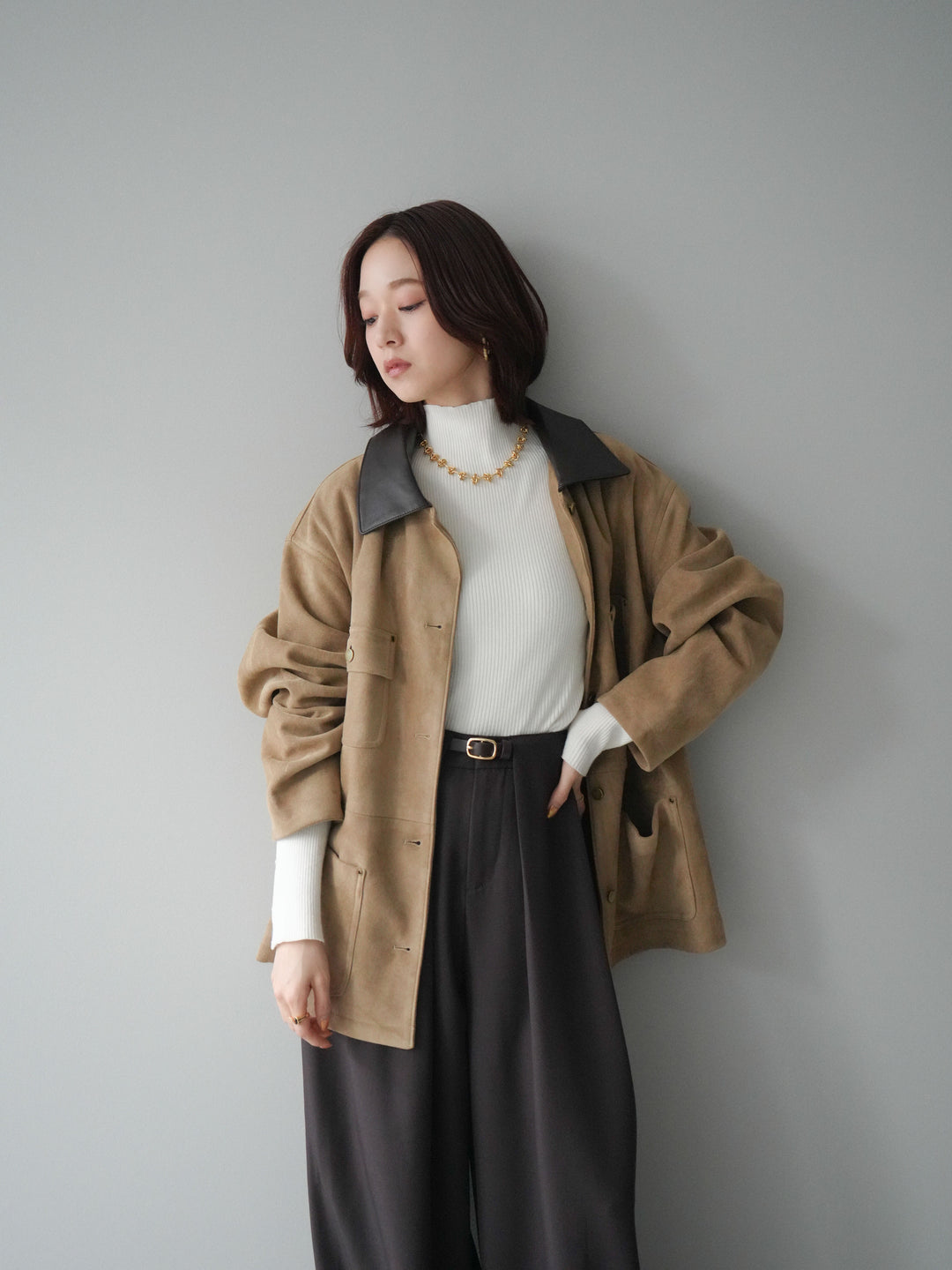 [SET]襟レザーステンカラースエードジャケット+袖ボタンボトルネックリブニットトップス+ベルトループデザインワイドパンツ(3set)