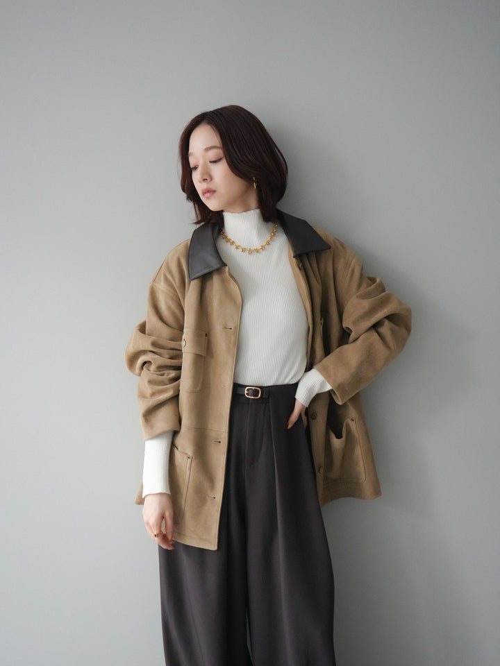 [SET]襟レザーステンカラースエードジャケット+袖ボタンボトルネックリブニットトップス+ベルトループデザインワイドパンツ(3set)