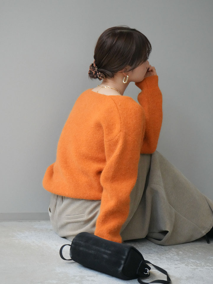 [SET]シュシュ付きアンゴラタッチVネックニットプルオーバー+ベルトデザインループコールテンワイドパンツ(ベルト付き)(2set)