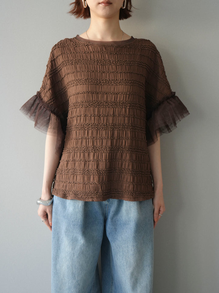 [予約]チュール袖リップルトップス/brown