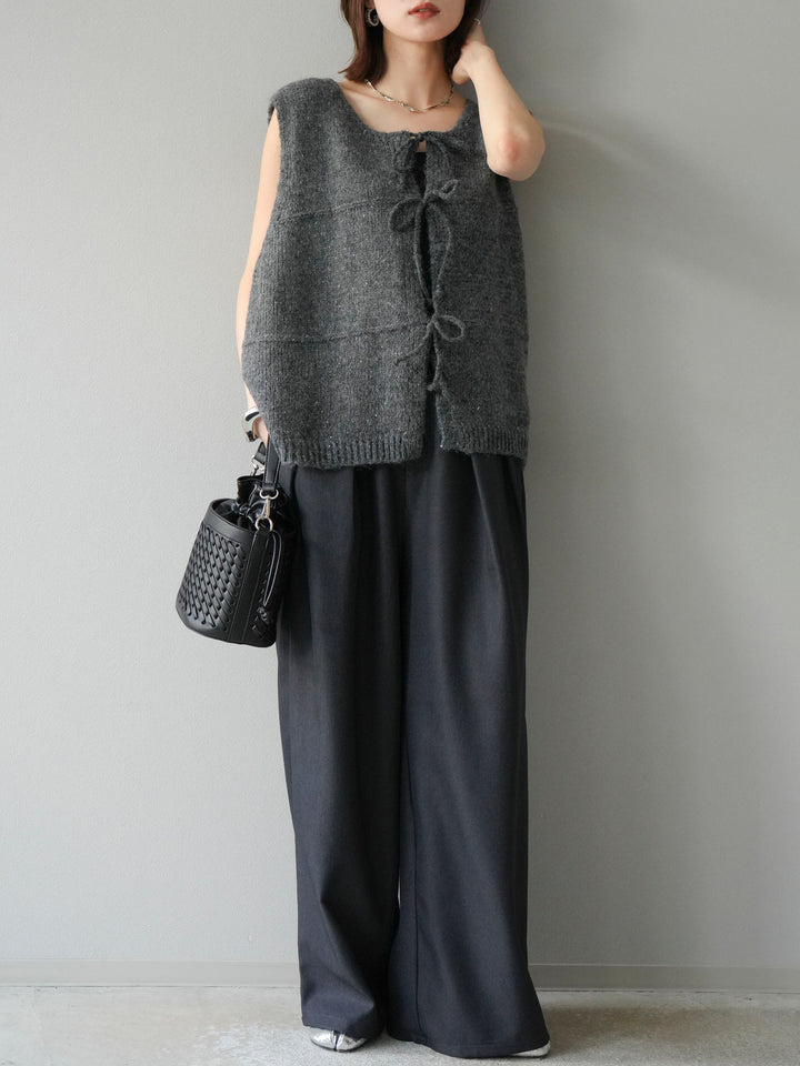 [予約]レザーパイピングタックワイドパンツ/グレー