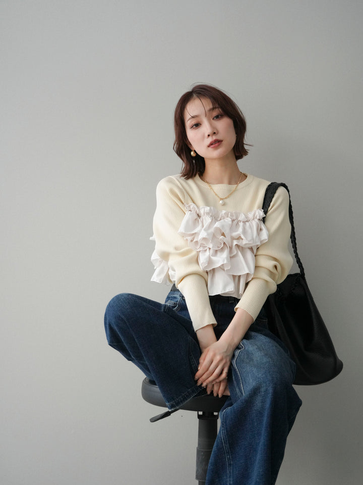 [SET]フリルビスチェドッキングスポンジニットプルオーバー+ストーンフォークリング(2set)