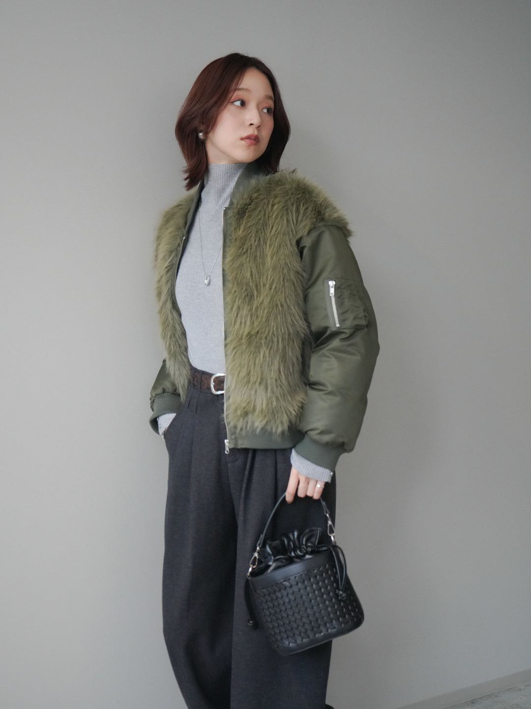 [SET]ファードッキングMA-1+アニマル柄ベルト付きウールタッチワイドパンツ(2set)