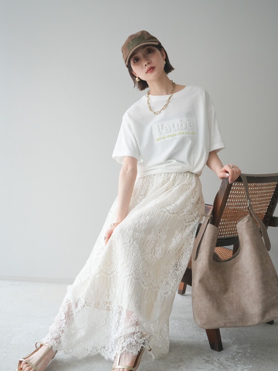 [SET]エンボスロゴTEE+裏プリーツ総レースロングスカート(2set)