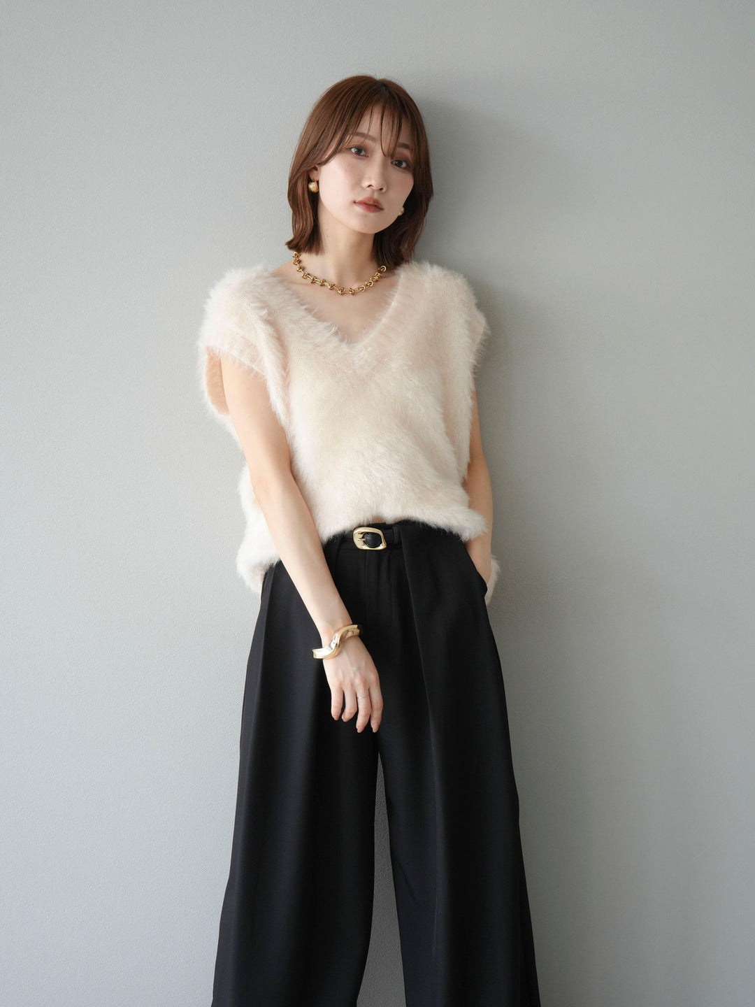 [SET]ラメシャギーVネックニットベスト+ベルトループデザインワイドパンツ(2set)