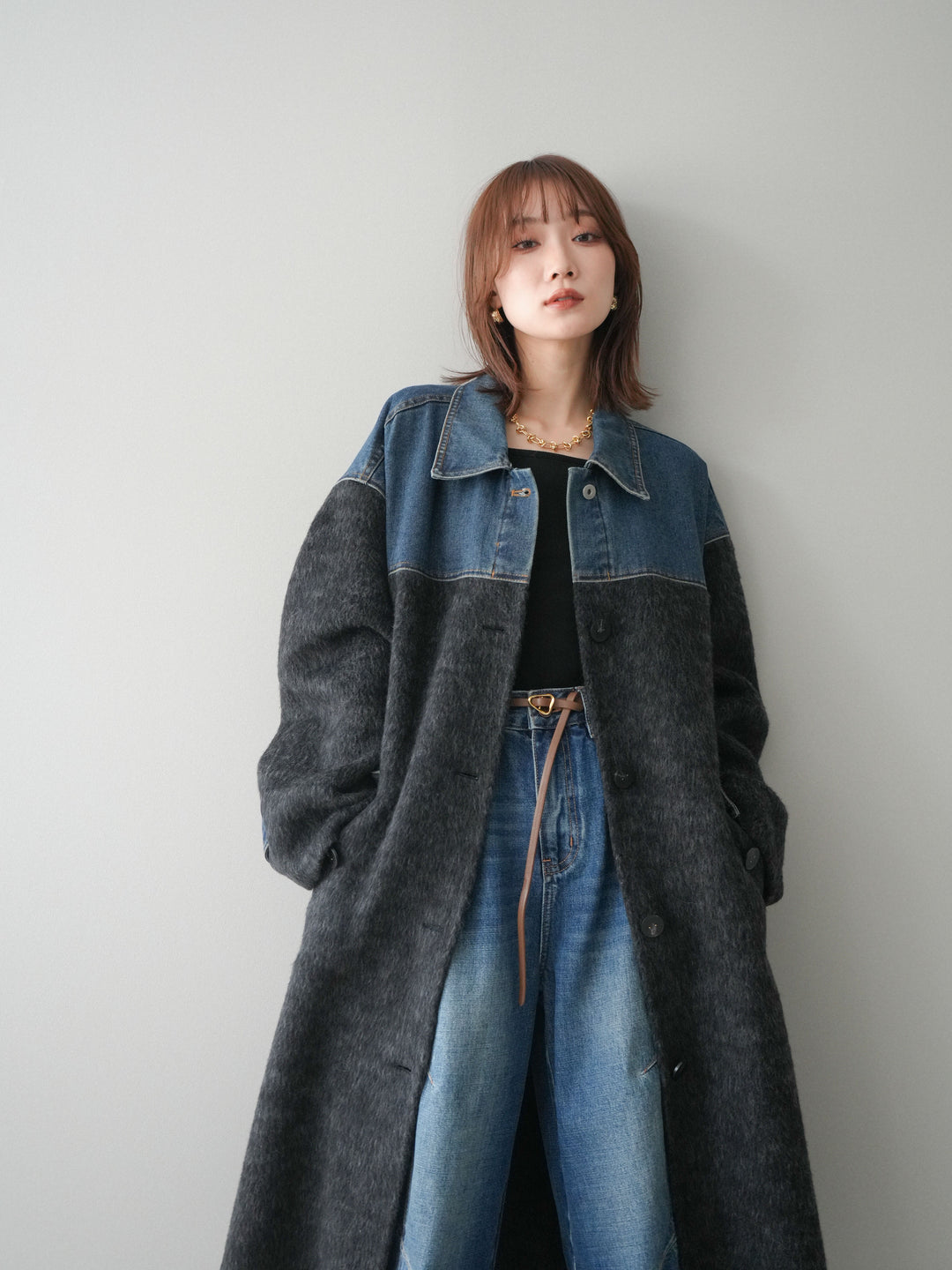 [予約]デニム切替シャギーステンカラーコート/charcoal