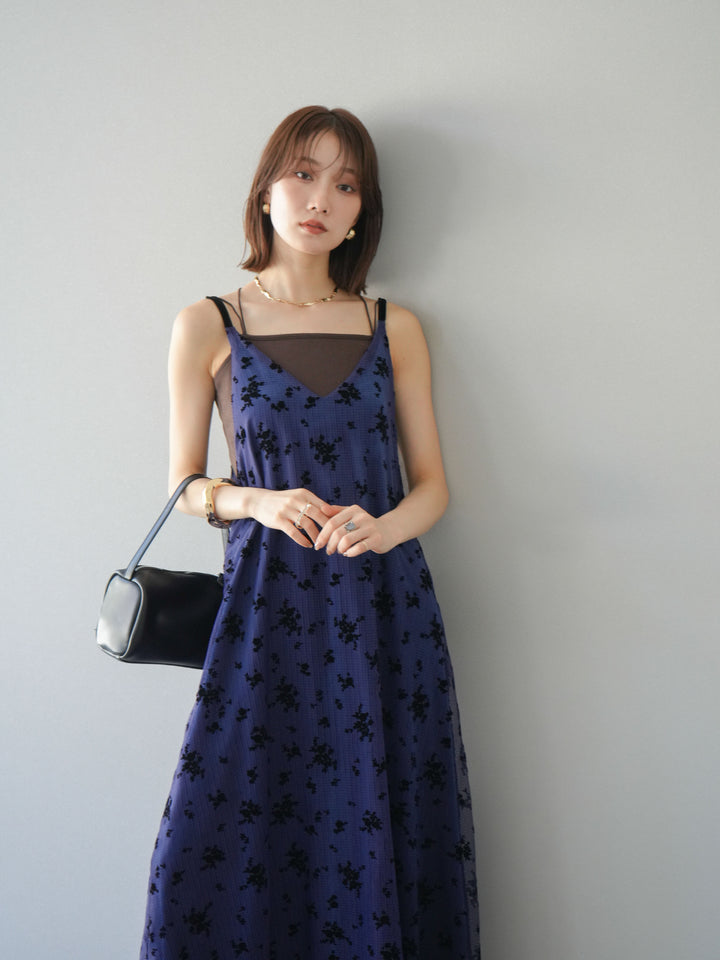 [SET]フロッキーチュールレイヤードベロアキャミワンピース+カップ付きバッククロスキャミソール(2set)