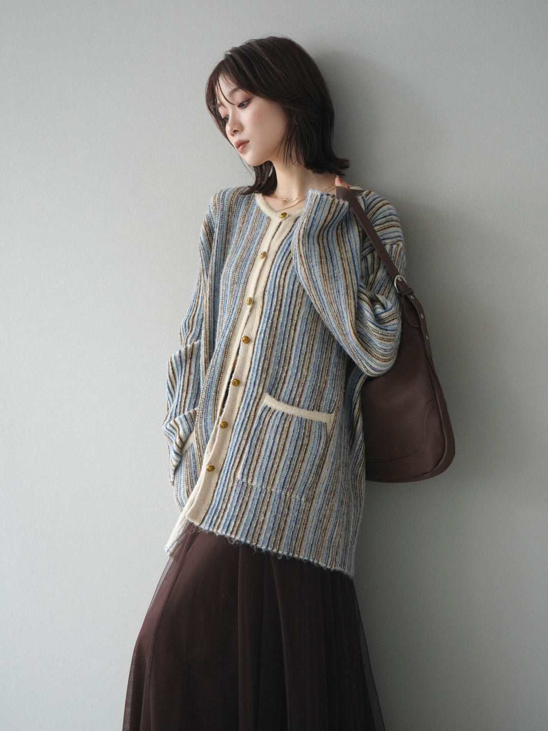 [予約]アンティークボタンストライプニットカーディガン/ivory