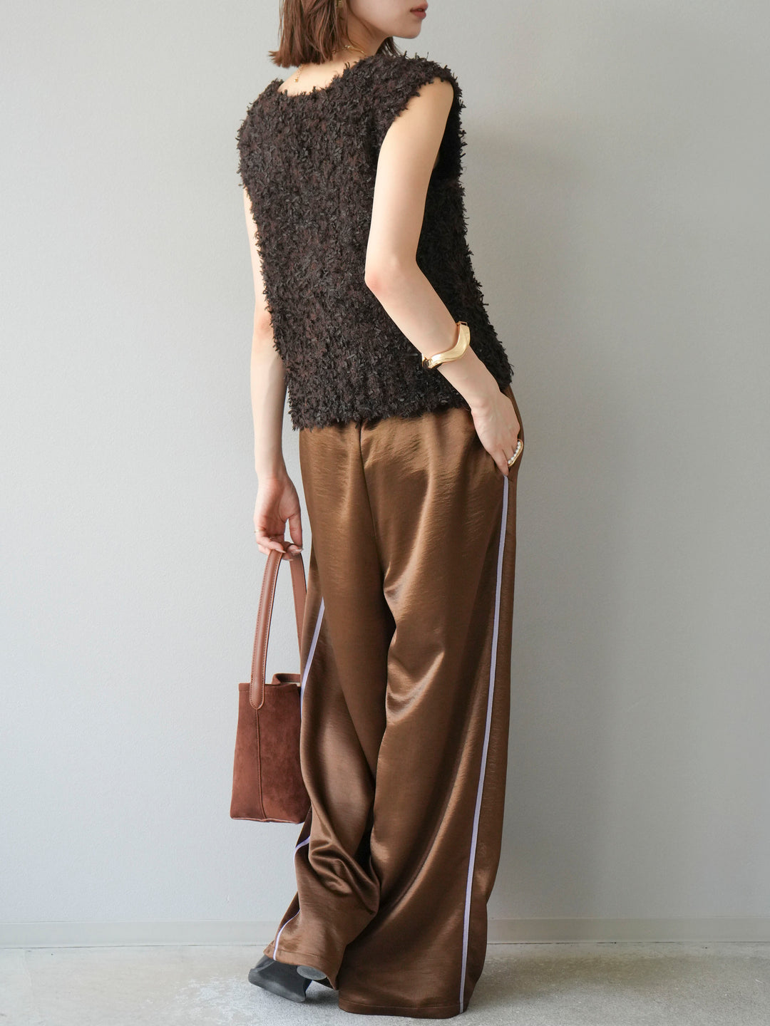 [予約]サテンラインワイドパンツ/ブラウン