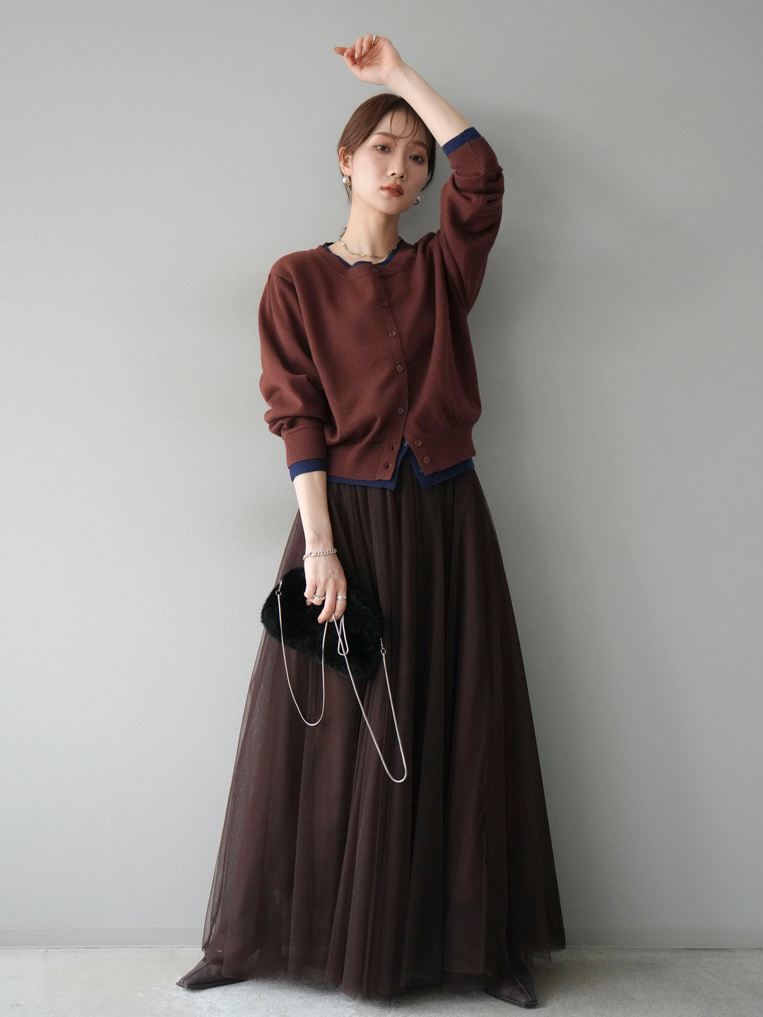 [SET]配色レイヤードカーディガン+チュールボリュームスカート(2set)