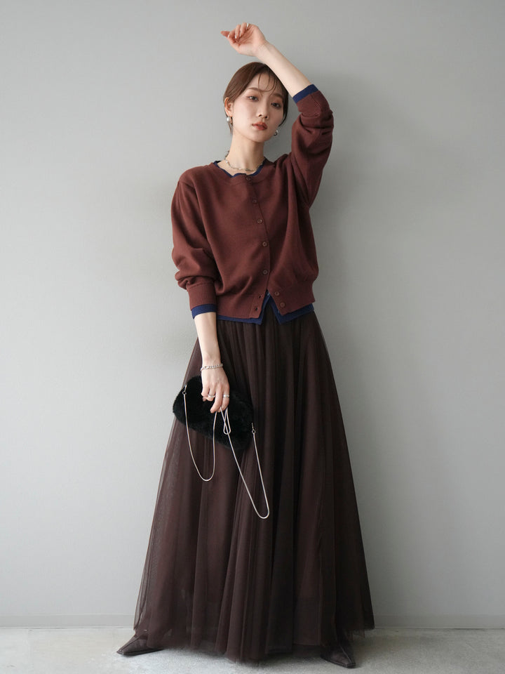 [SET]配色レイヤードカーディガン+チュールボリュームスカート(2set)