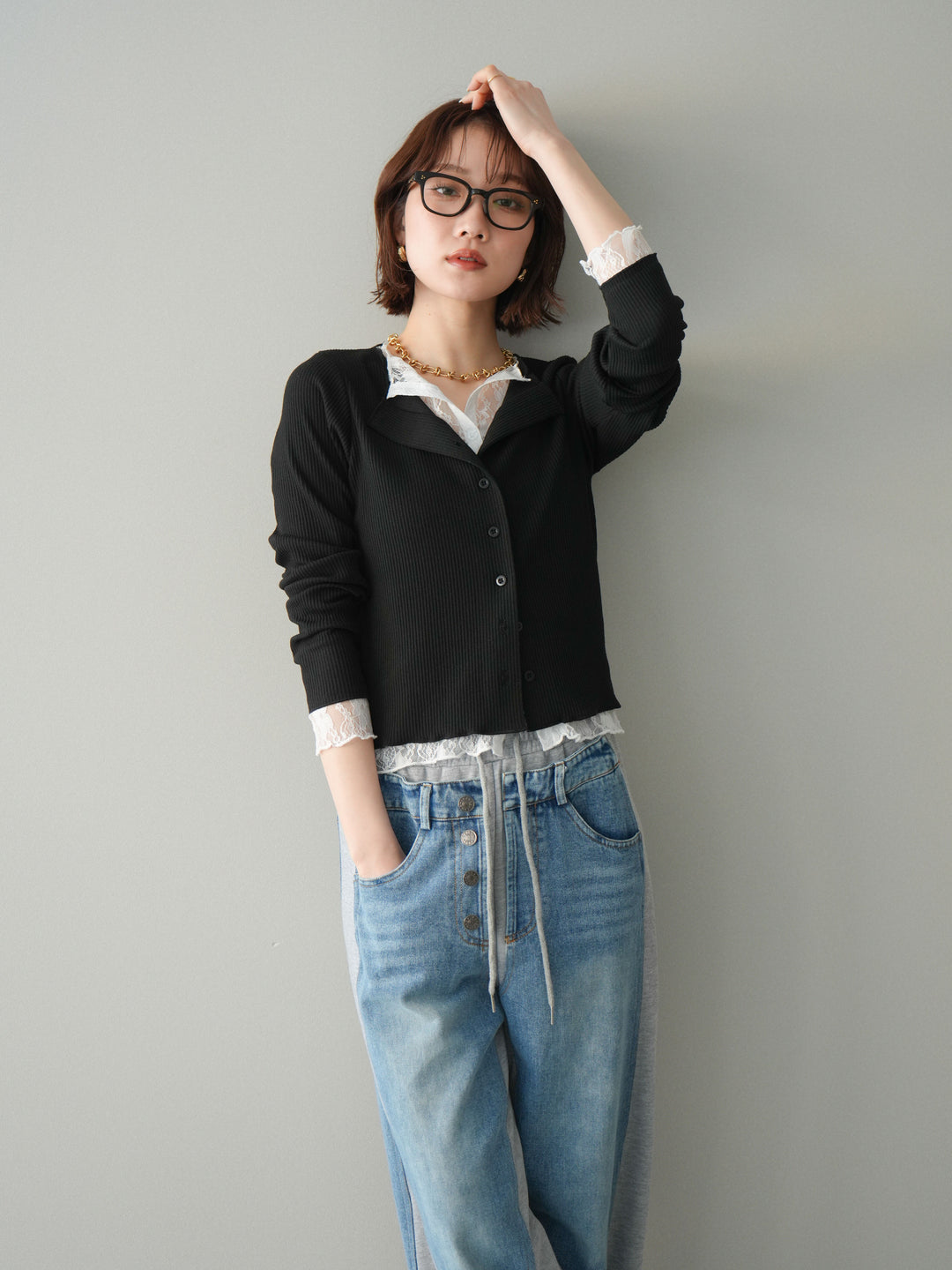 [SET]レースドッキングテレコリブカーディガン+選べるアクセセット(2set)