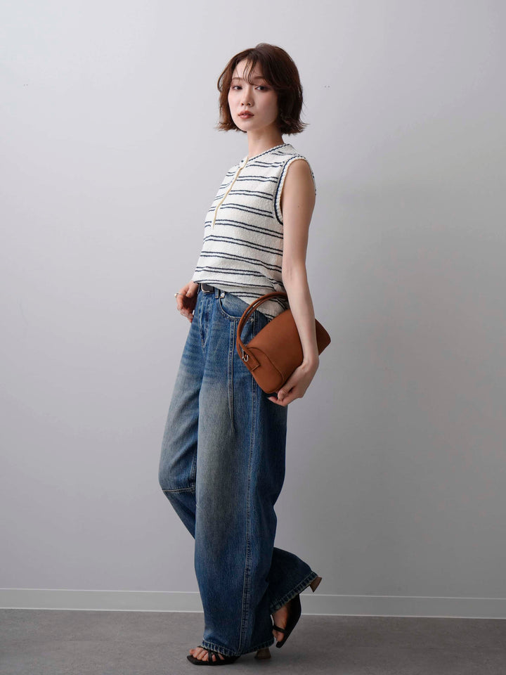 [SET]ボーダーヘンリーノースリニットトップス+立体カーブデニムパンツ(2set)