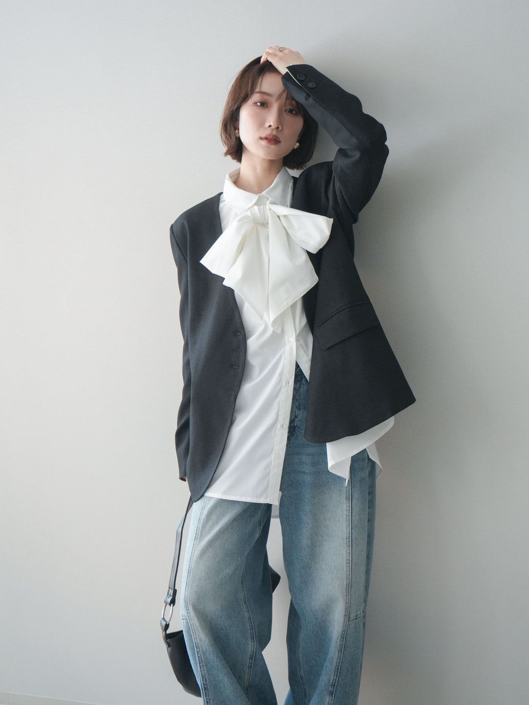 [SET]ノーカラージャケット+ボウタイ付オーバーシャツ(2set)