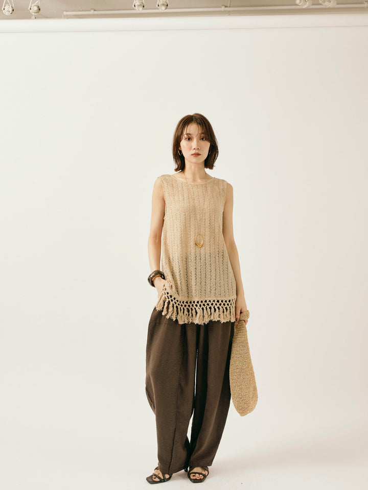 [予約]フリンジ透かし編みニットベスト/ベージュ