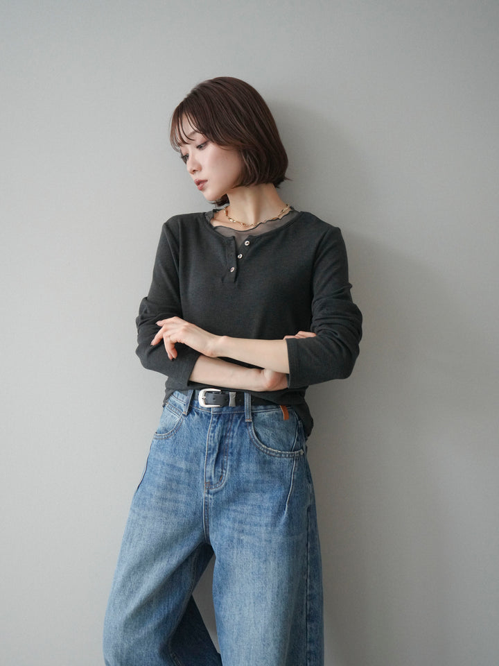 [予約]チュールレイヤードヘンリーネックカットソー/charcoal