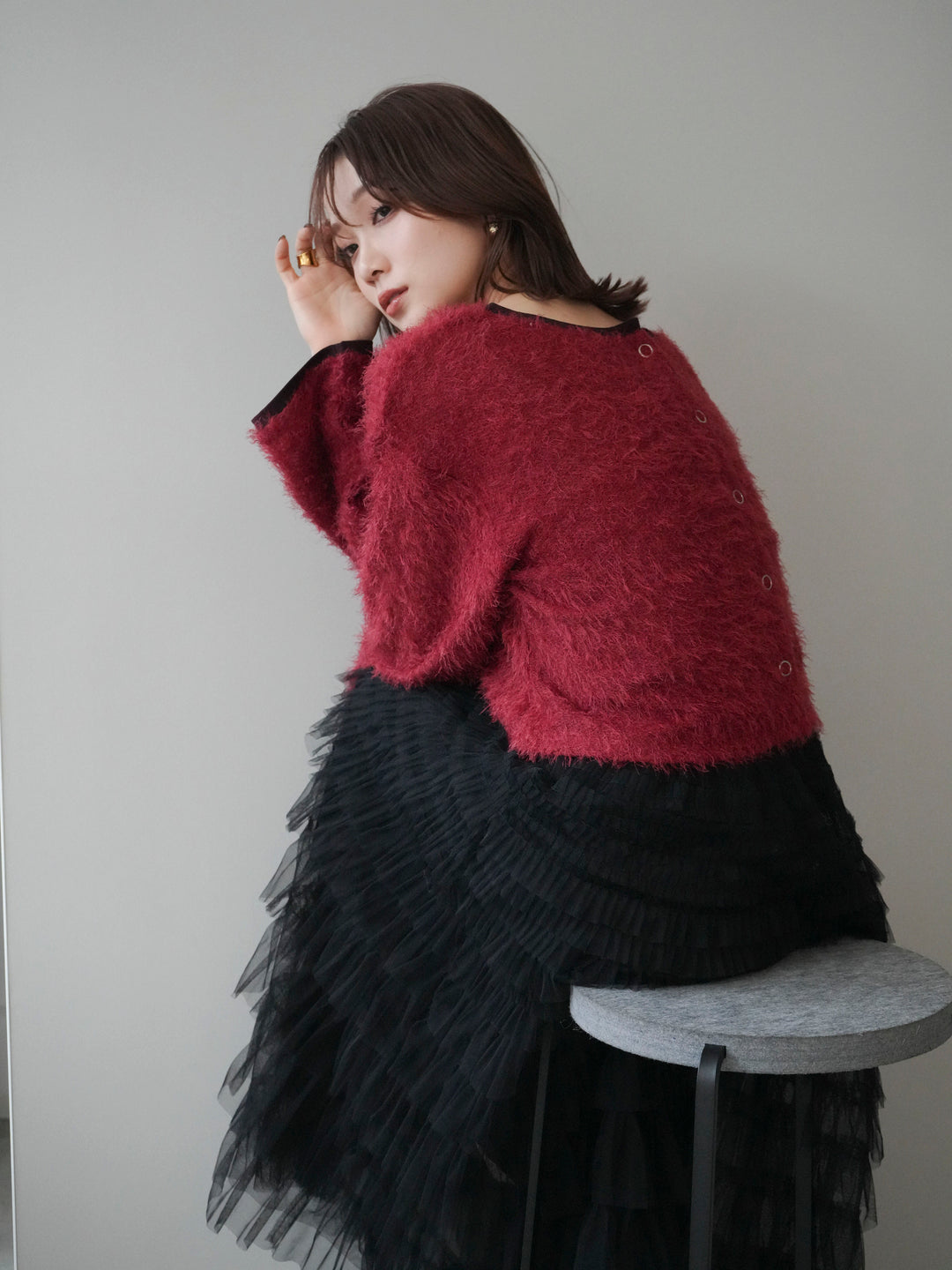 [予約]バイカラー2WAYシャギーニットカーディガン/red