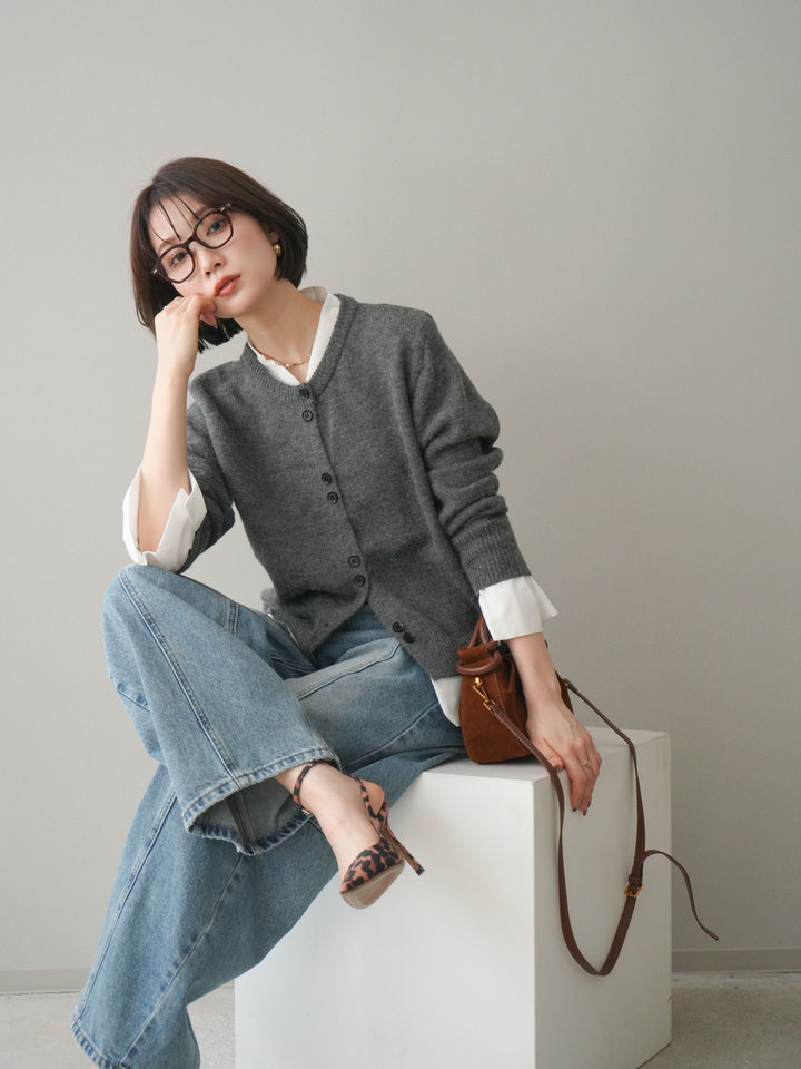 [SET]布帛ドッキングニットカーディガン+ガーメントウォッシュカーブデニムパンツ(2set)