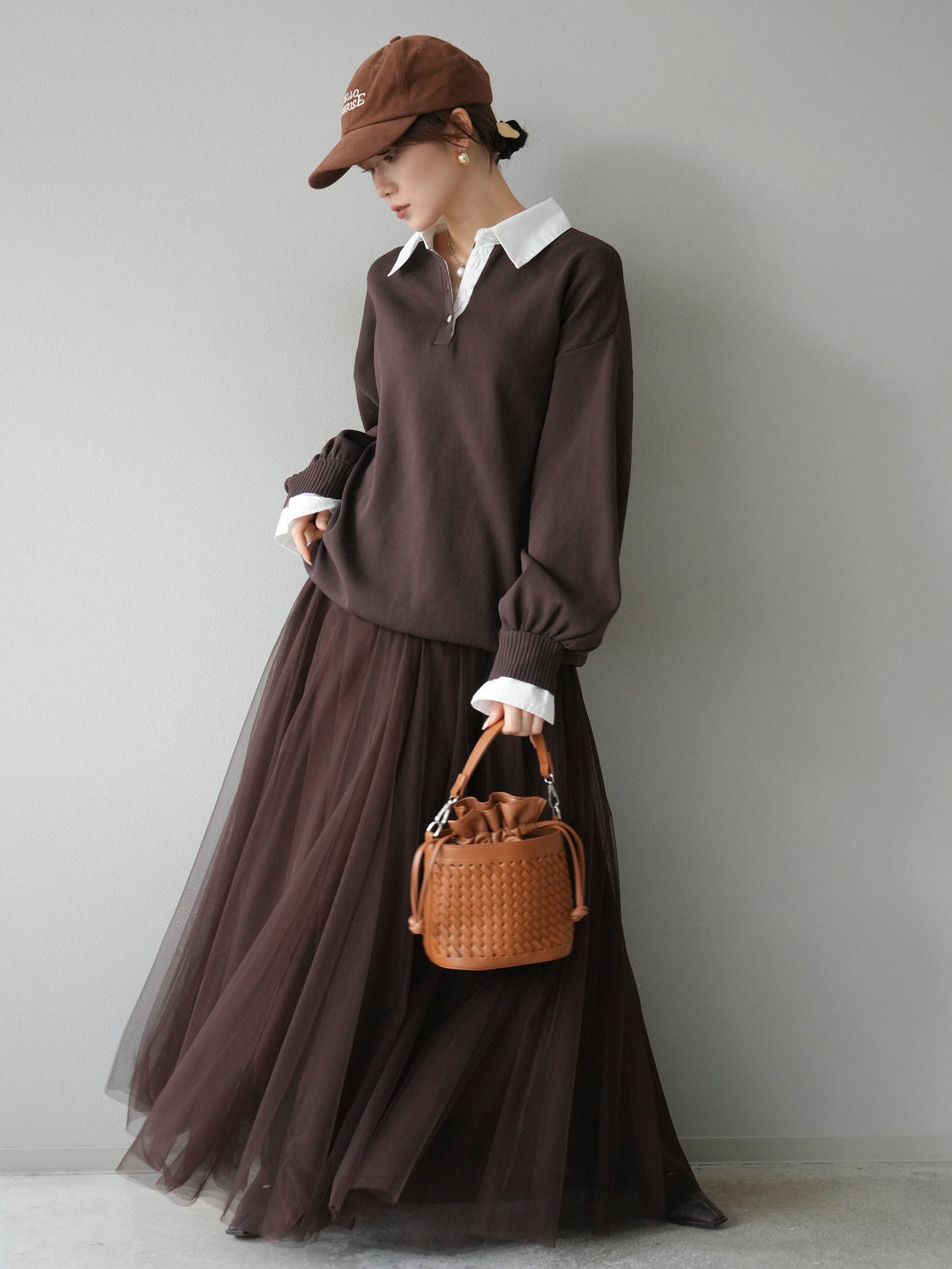 [預訂] 領口Polo針織套衫/棕色