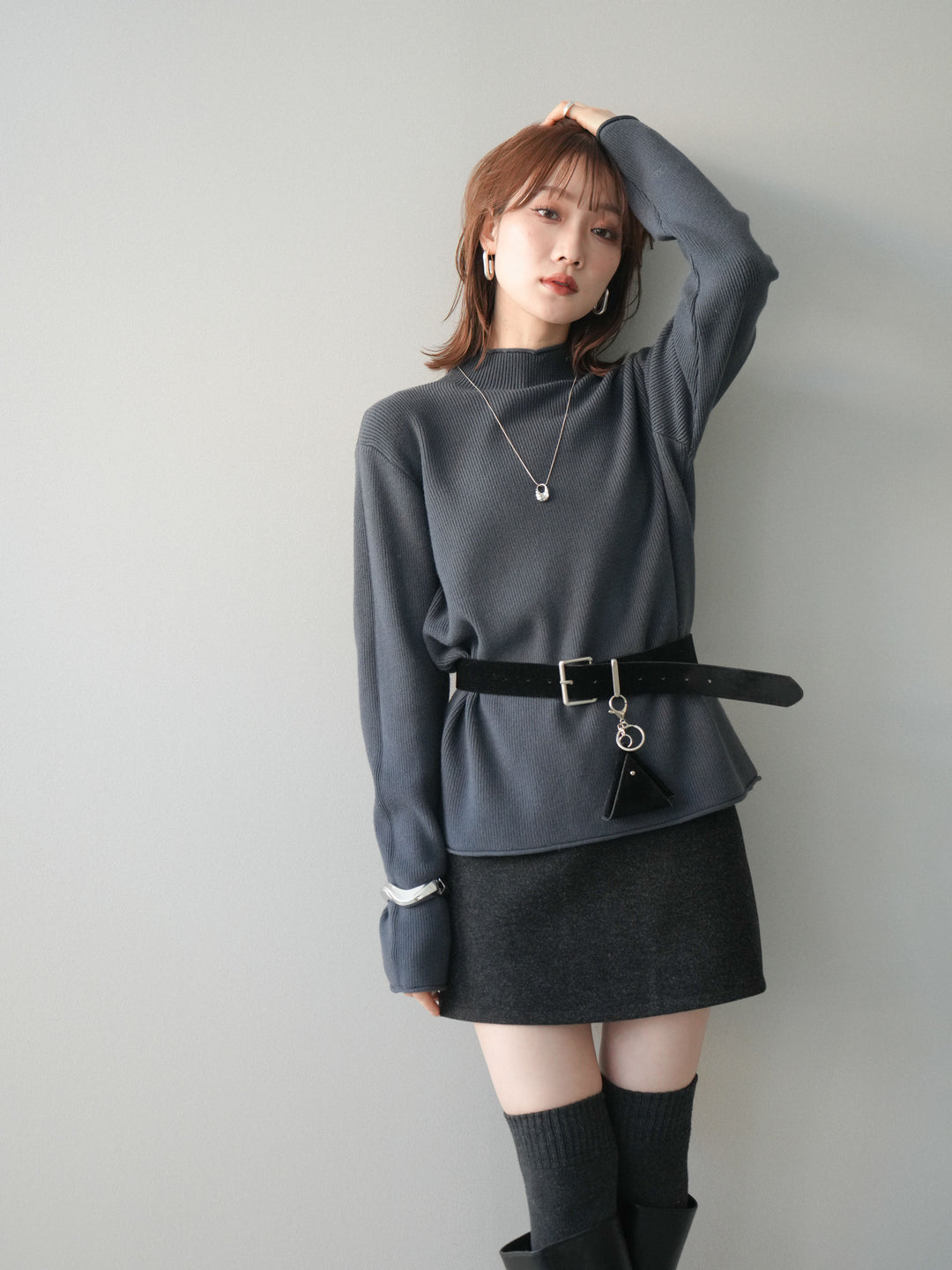 [SET]ボトルネック裾カールリブニットトップス+ボトルネック裾カールリブニットトップス(2set)