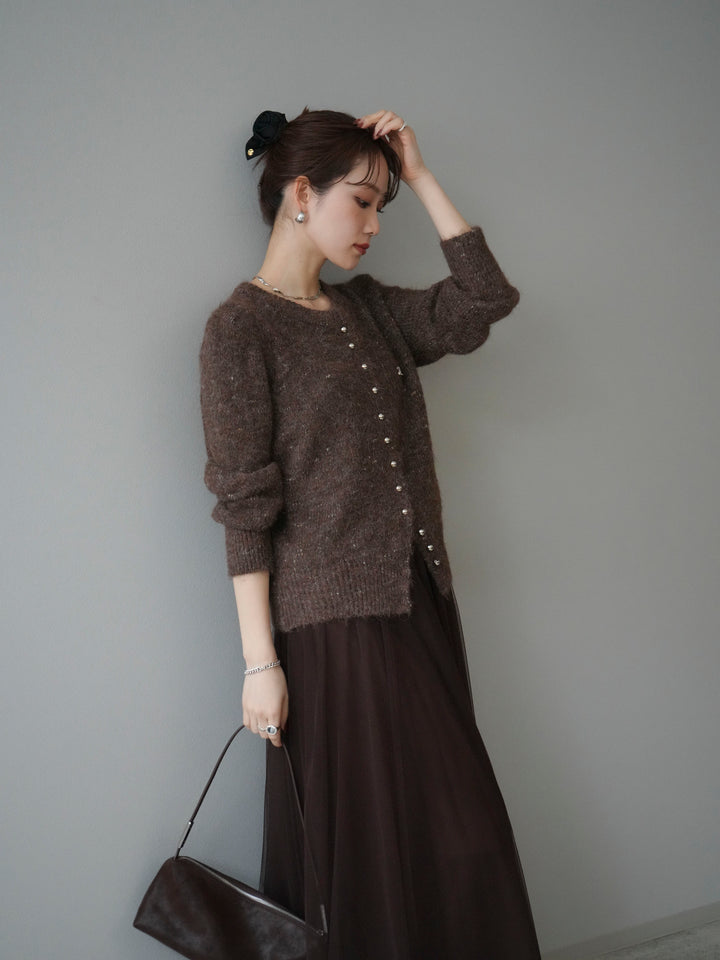 [SET]ブローチ付silverボタンミックスニットカーディガン+選べるアクセセット(2set)