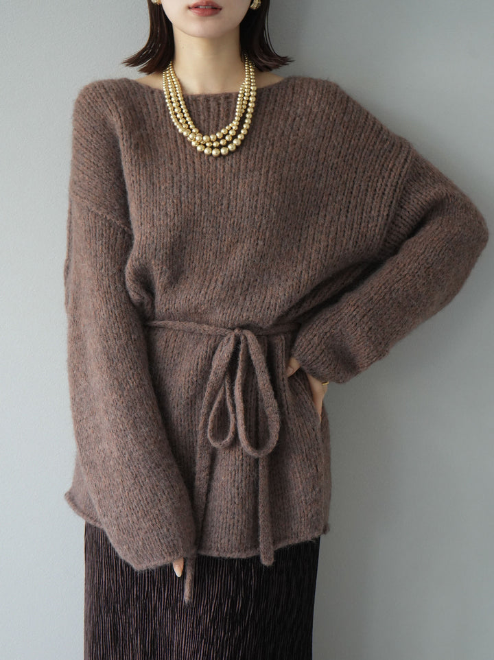 [予約]紐付きあぜ編みオーバーニットプルオーバー/ブラウン