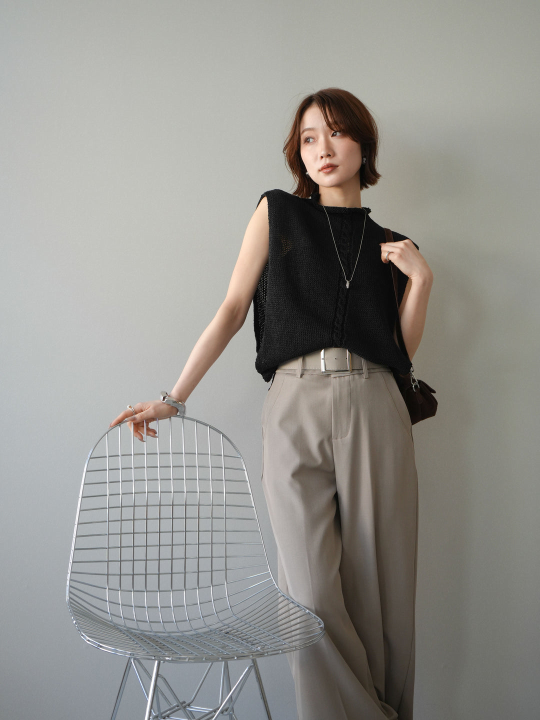 【套裝】開襟針織上衣+銀色搭扣垂褶闊腿褲（兩件套）