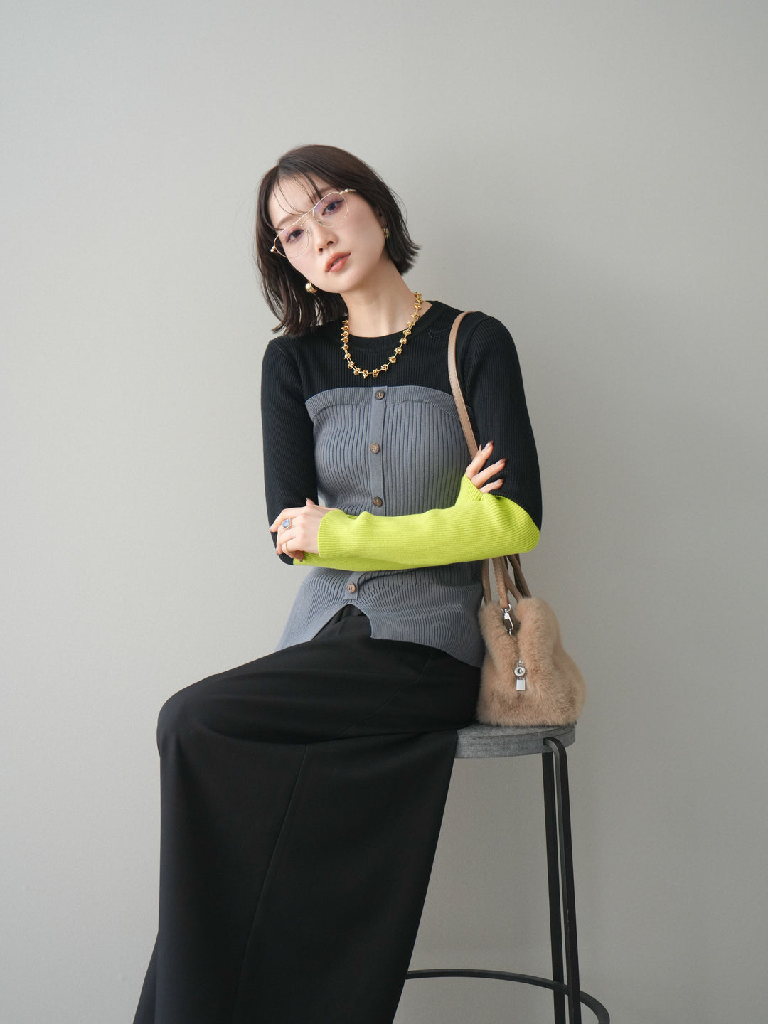 [SET]配色ビスチェドッキングリブニットトップス+選べるアクセセット(2set)