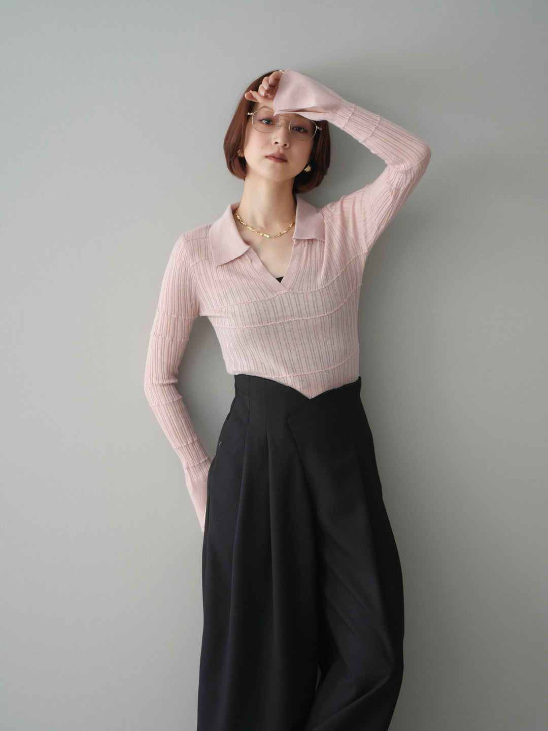 [予約]シアーリブスキッパーニットトップス/pink