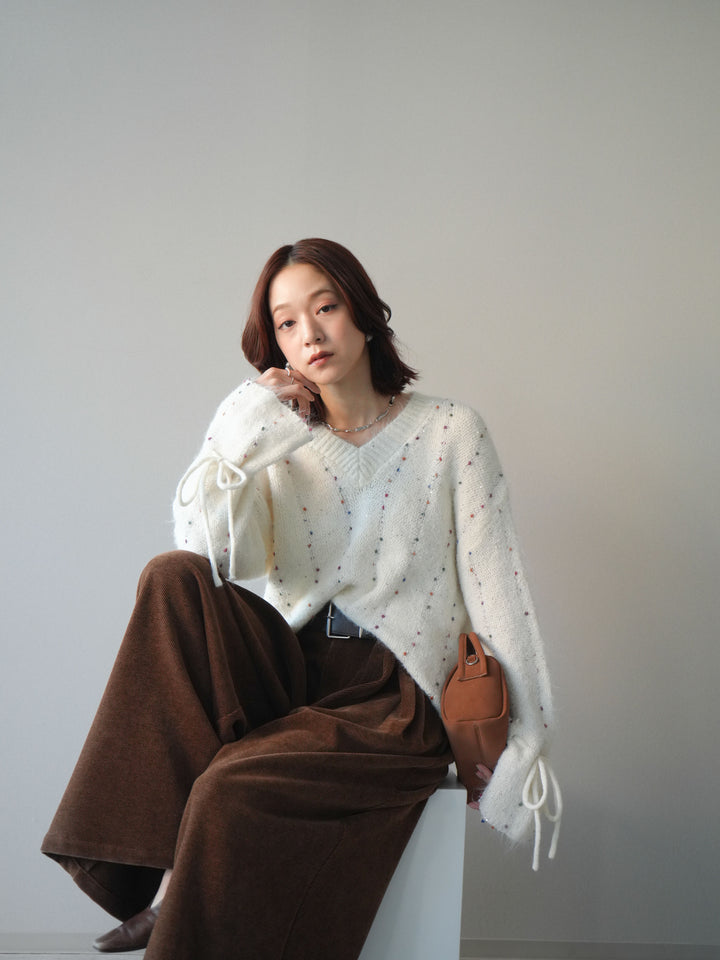 [SET]キャンディースリーブカラーネップスパンコールニットプルオーバー+ベルトデザインループコールテンワイドパンツ(ベルト付き)(2set)