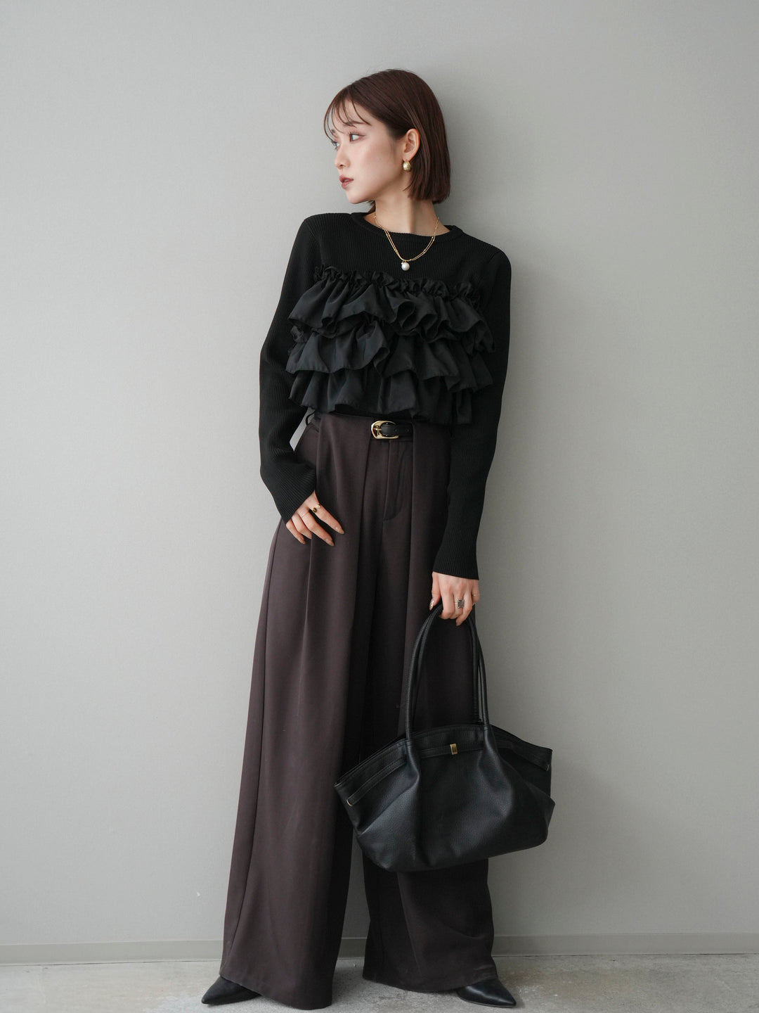 [SET]フリルビスチェドッキングスポンジニットプルオーバー+ベルトループデザインワイドパンツ(2set)