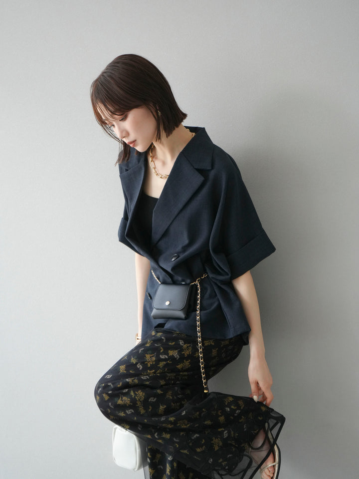 [SET]リネンライクハーフテーラードジャケット+コード刺繍チュールレイヤードパンツ(2set)