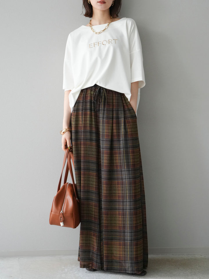 [套裝] 不同材質金屬標誌刺繡 x 印花T卹 + 透視格紋寬鬆褲（2 件套）