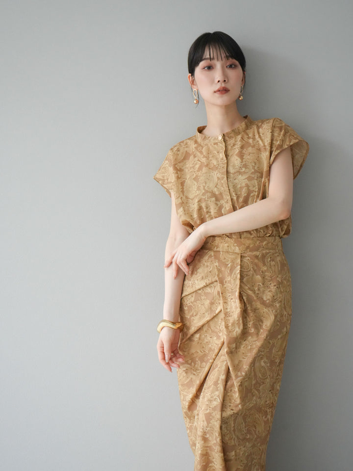 [SET]ペイズリープリントゴールドボタンブラウス+ペイズリープリントタックIラインスカート(2set)