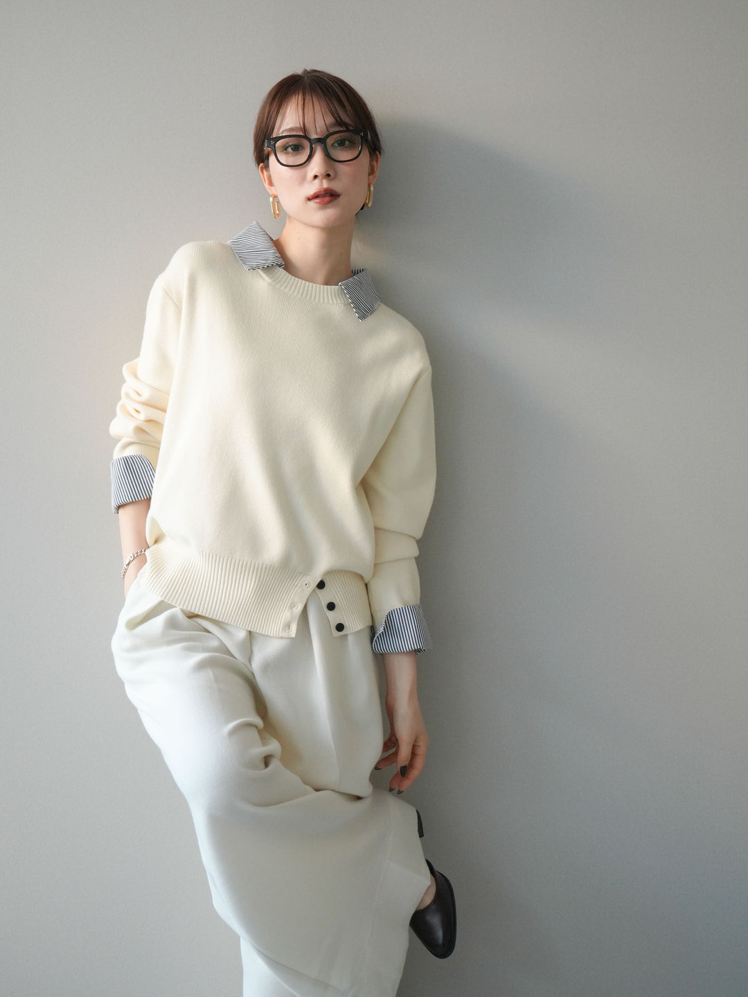 [予約]シャツドッキングデザイン裾ボタンニットプルオーバー/beige